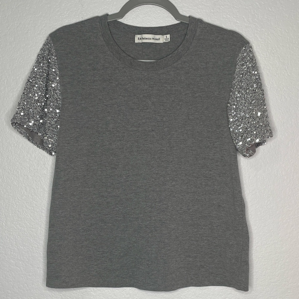 Rebecca Minkoff Women’s Gray T-Shirt with Silver Sequin Sleeves Size Small
